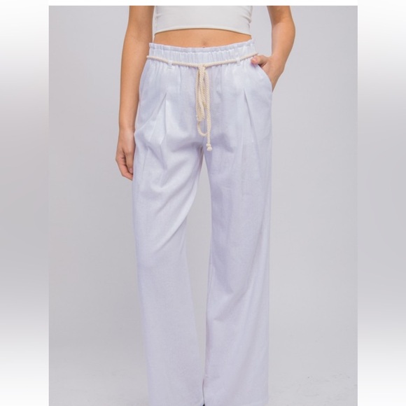 08 WHITE Linen Blend Chic Wide Leg Front Pleat Side pockets - Picture 1 of 3